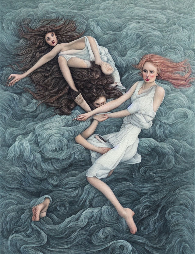 Three figures in flowing white dresses entwined in wavelike textures