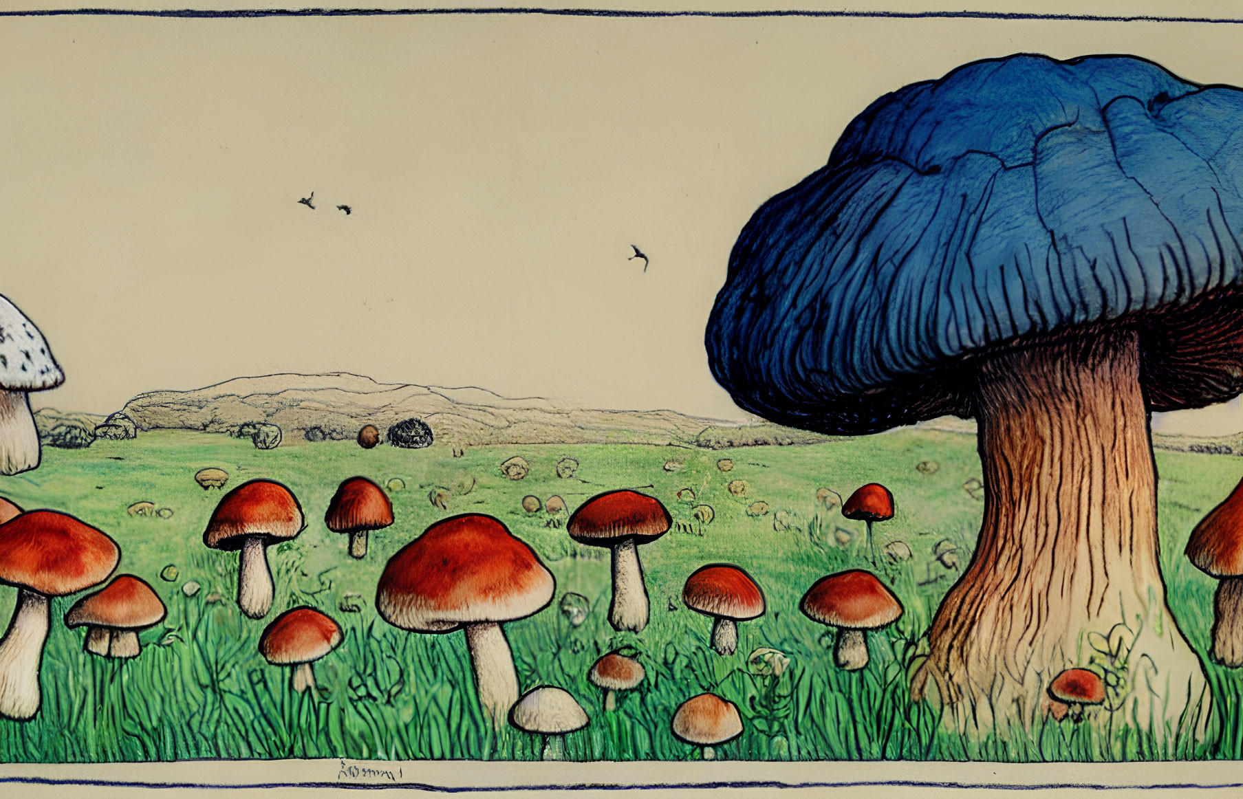 Vibrant mushroom illustration in grassy field with blue-capped mushroom