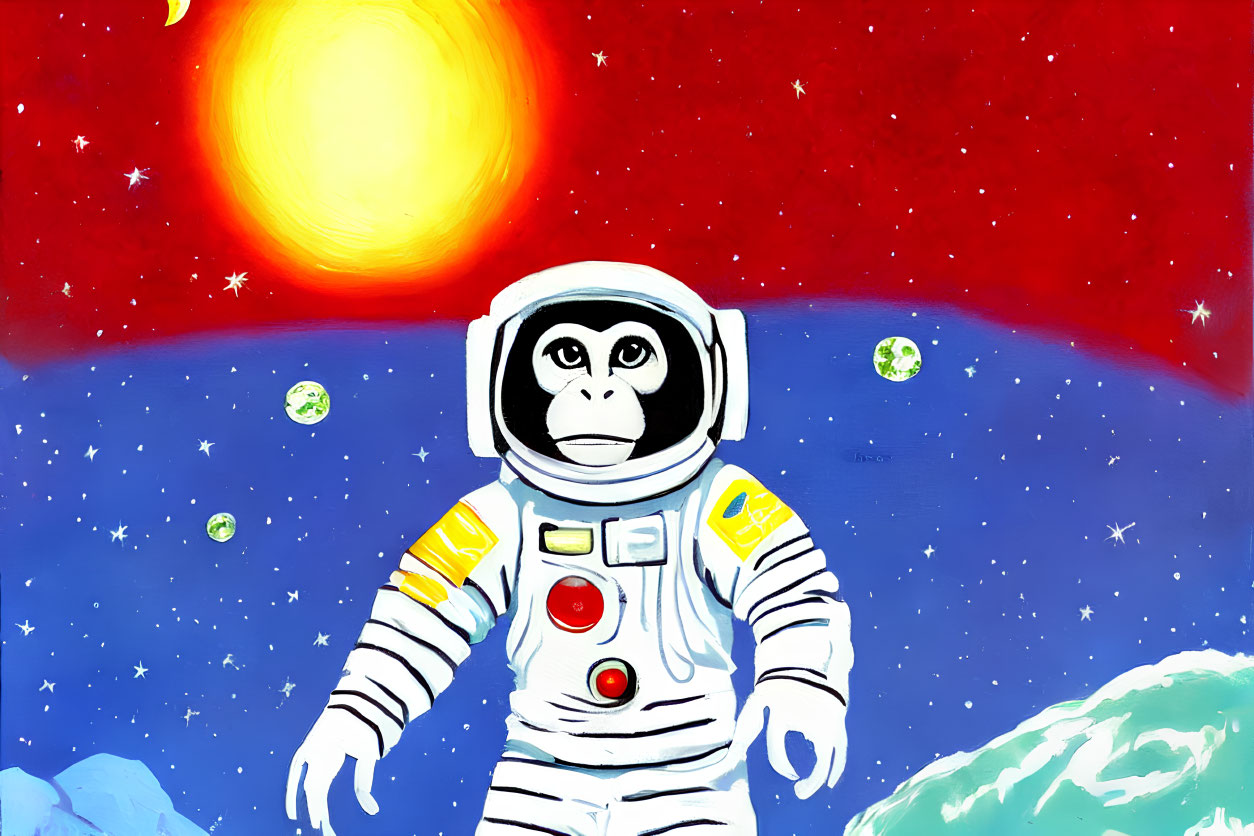 Astronaut monkey in white suit floating in space with red nebula, sun, and planets