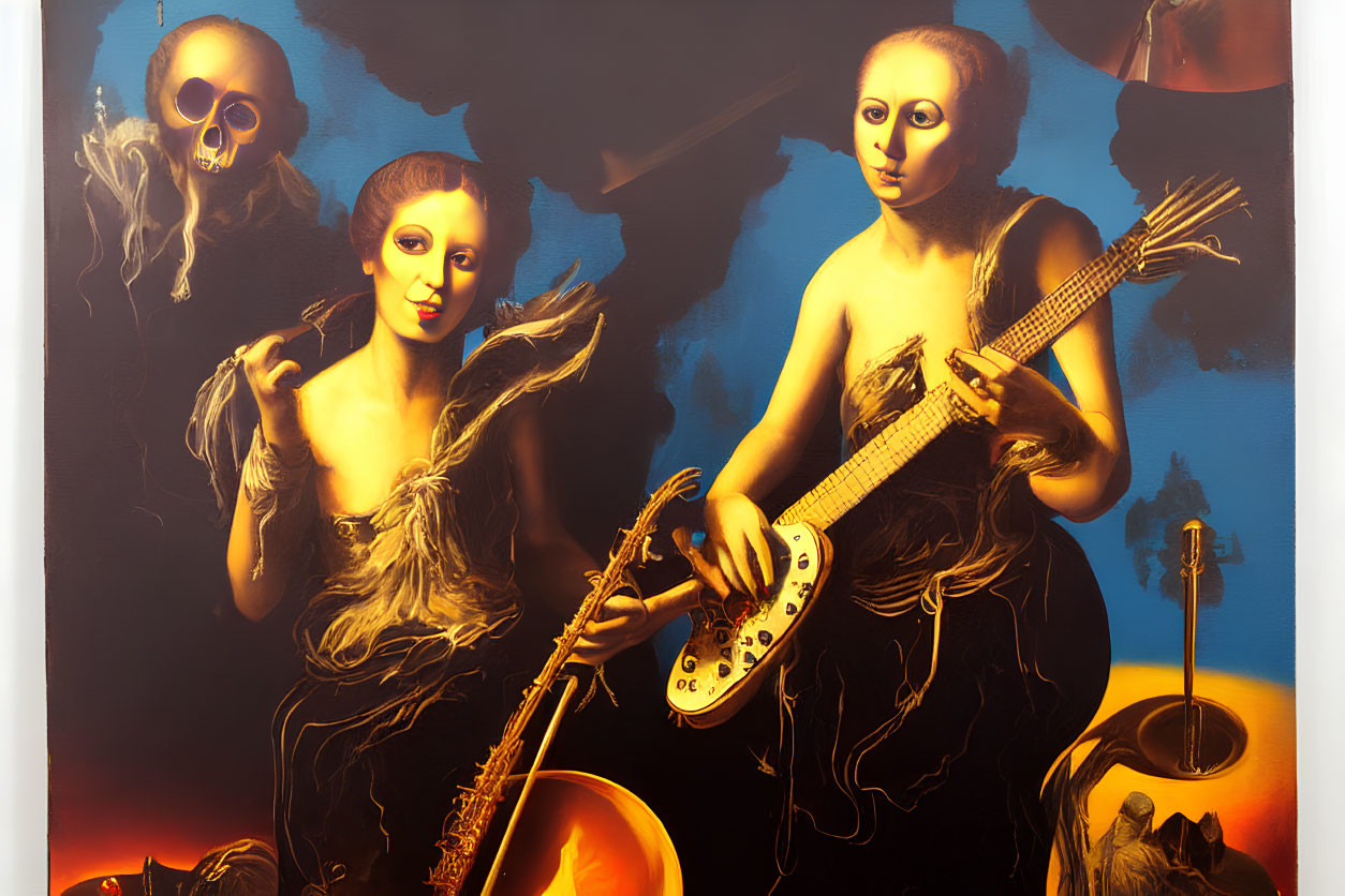 Surreal painting featuring skull-faced figures playing guitar in fiery setting