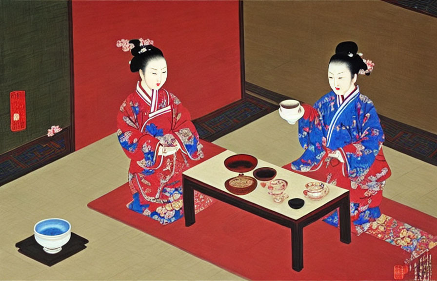 Traditional tea ceremony with individuals in cultural attire on tatami flooring