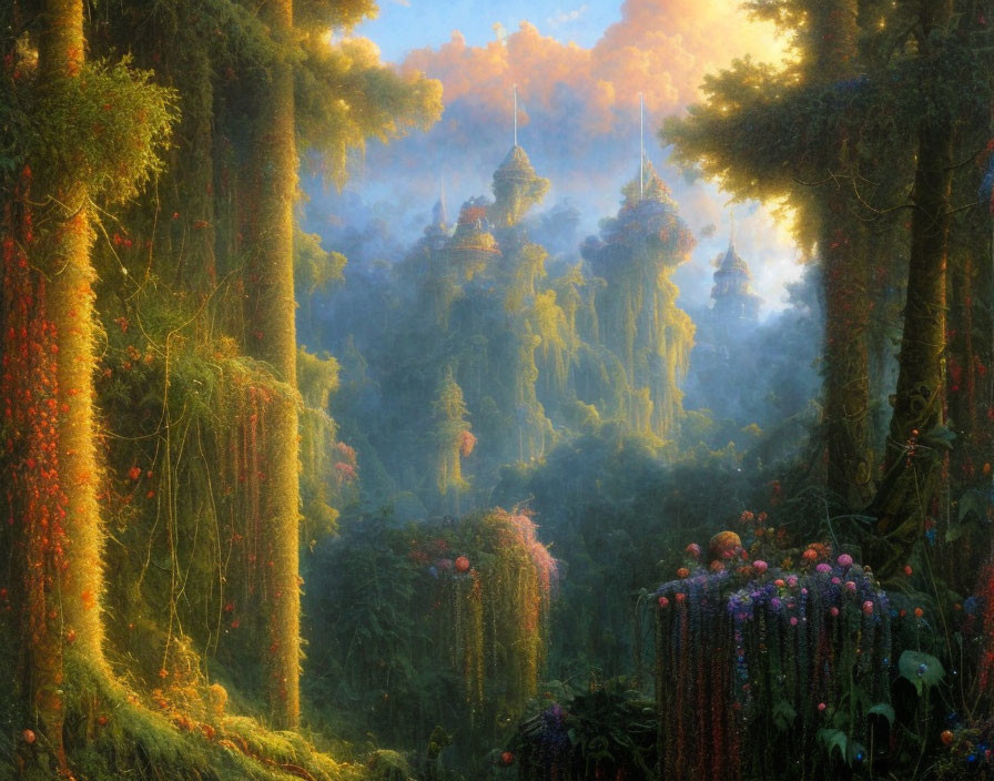 Majestic forest scene with towering trees, hanging moss, and floating structures in golden light