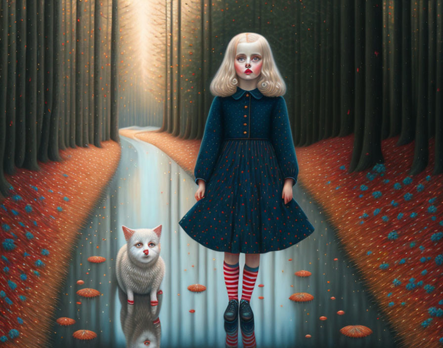 Surreal painting of girl in blue dress with cat in fantastical forest