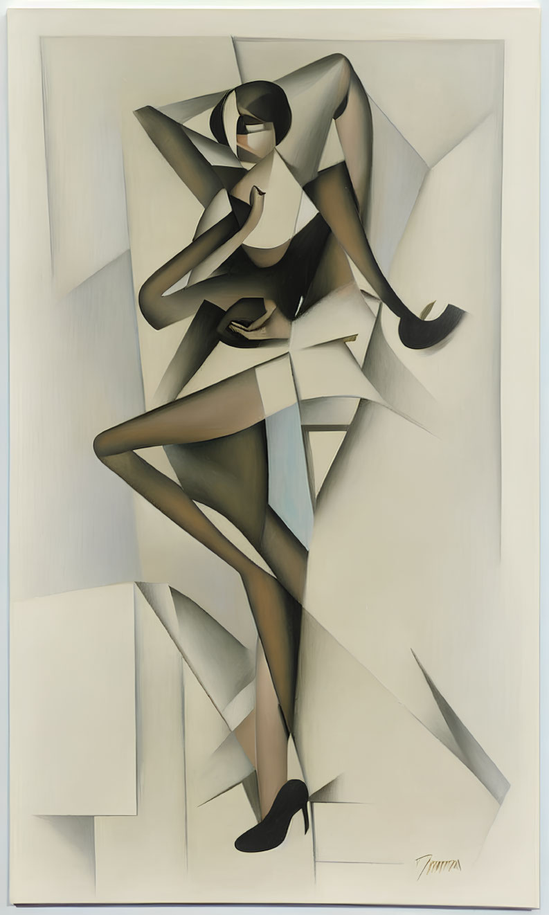 Abstract Cubist Painting of Female Figure with Geometric Shapes