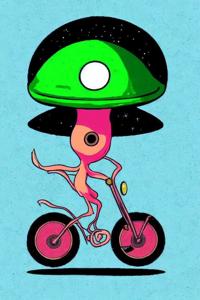 Pink alien riding red bicycle with mushroom helmet on blue background