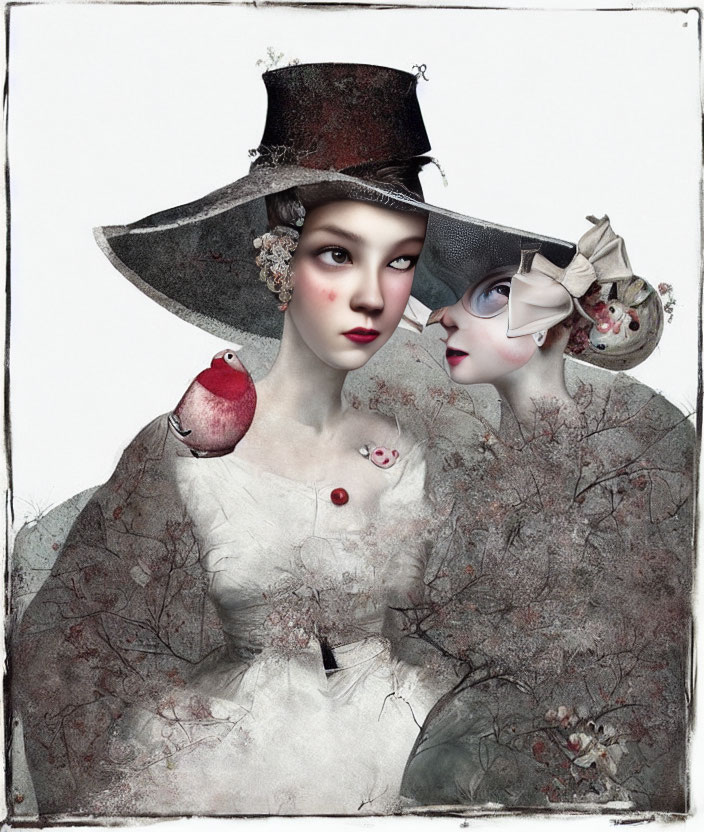 Surreal Artwork Featuring Vintage Women and Red Bird