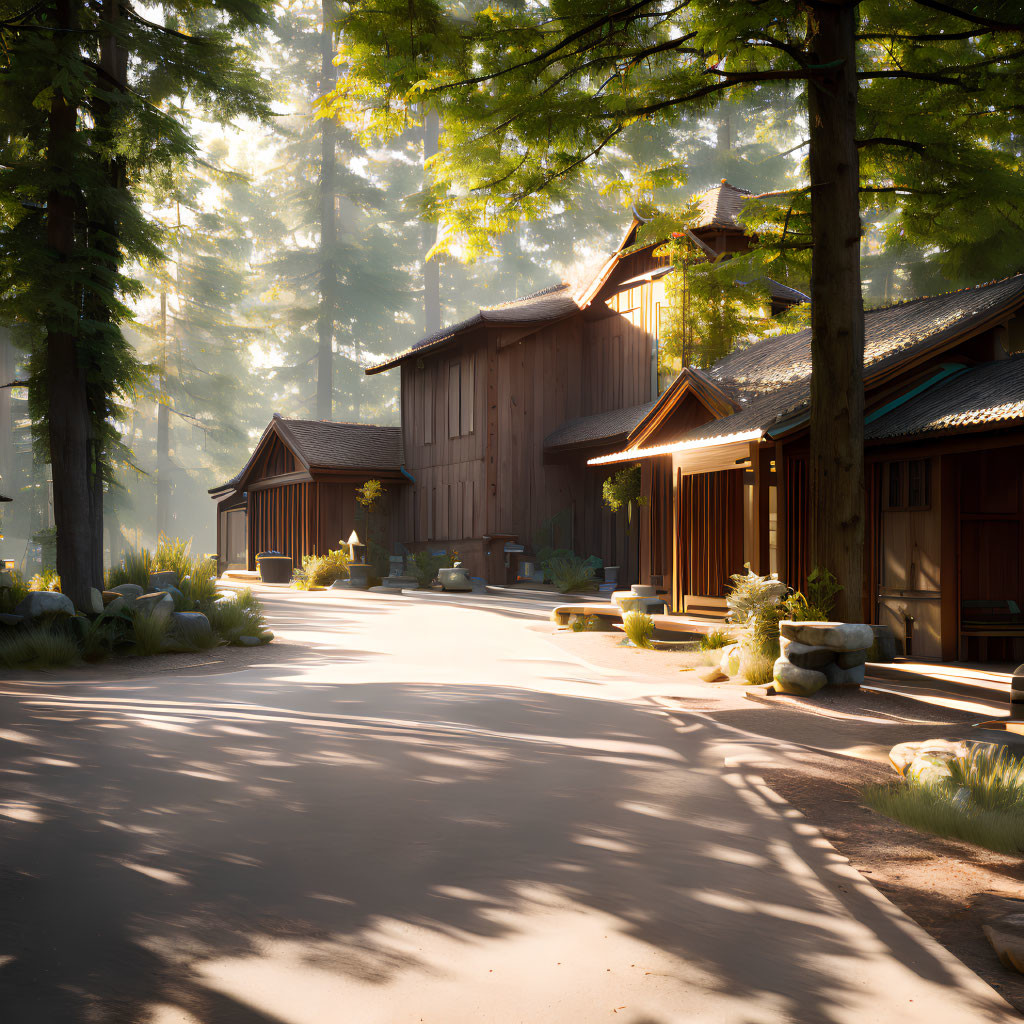 Tranquil Wooded Scene with Sunlit Path to Rustic Cabins