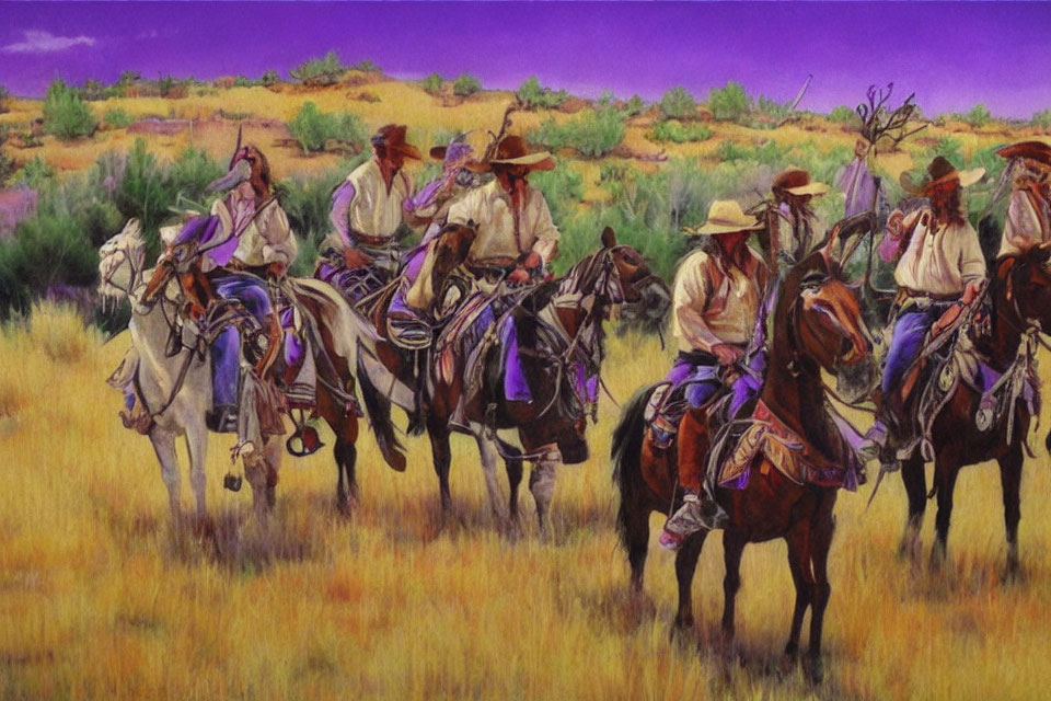 Cowboys on Horses Riding Through Field of Purple Wildflowers