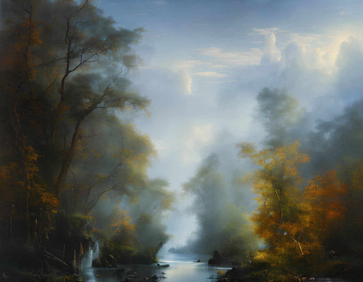 Mystical forest scene: sunbeams, fog, autumn leaves, serene river