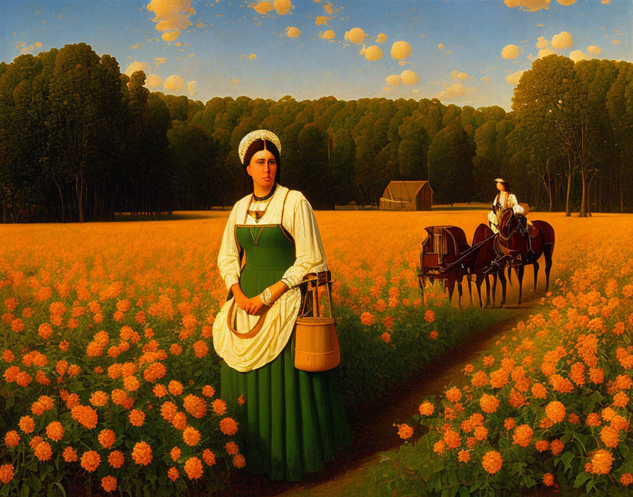 Traditional attire woman in orange flower field with metal pail and horse-drawn carriage under blue sky