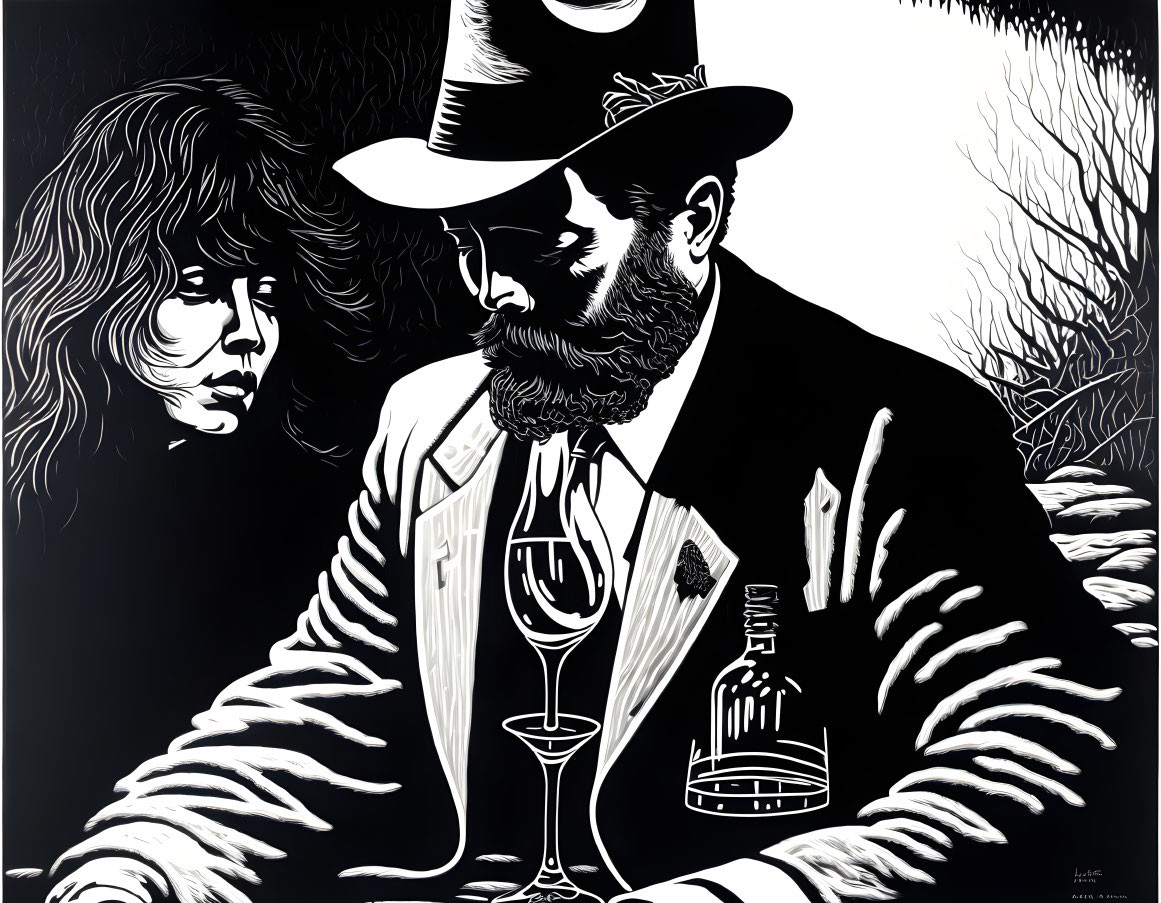 Monochrome illustration of woman & bearded man at table with wine bottle & glass