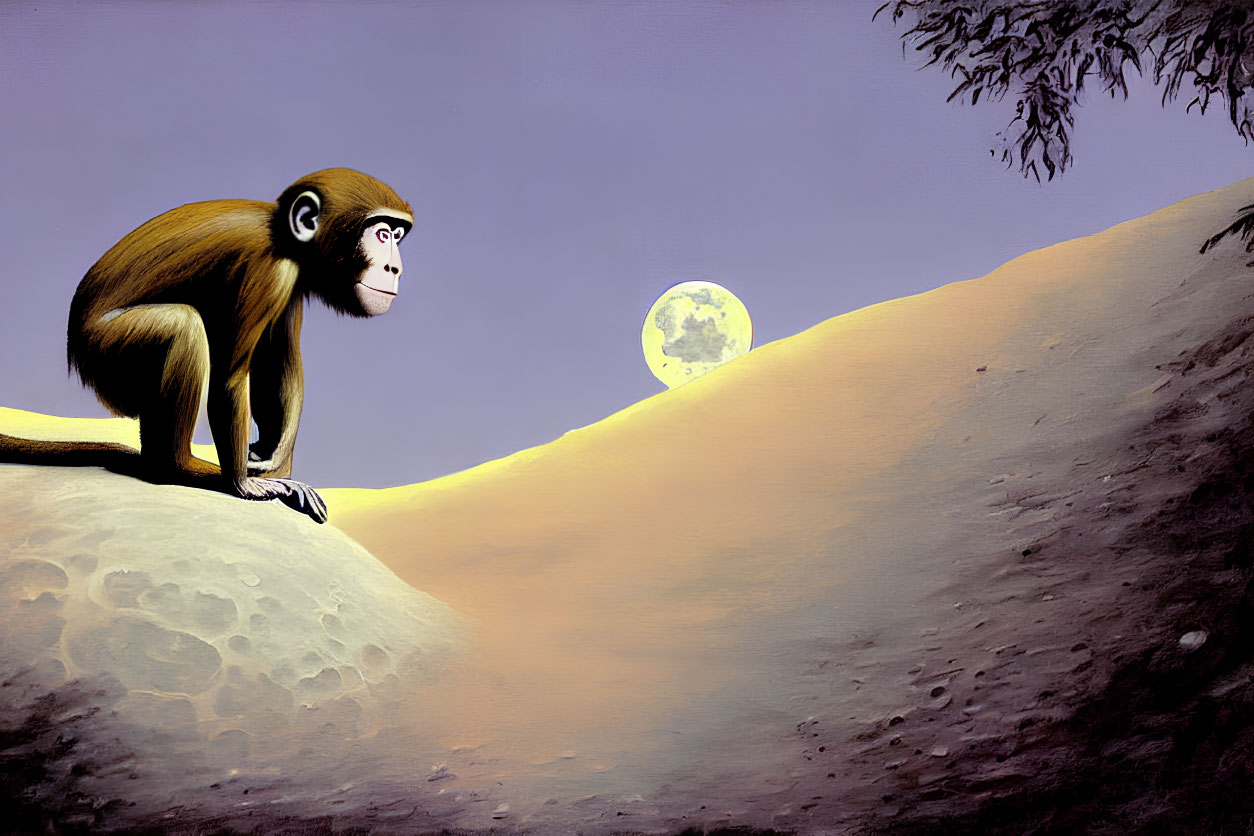 Monkey gazing at full moon on hilltop at twilight