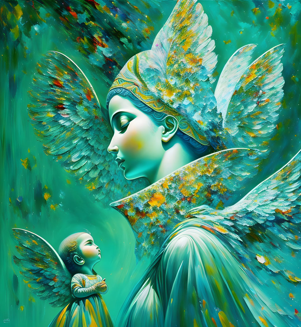 Celestial figure and child with butterfly wings in vibrant artwork