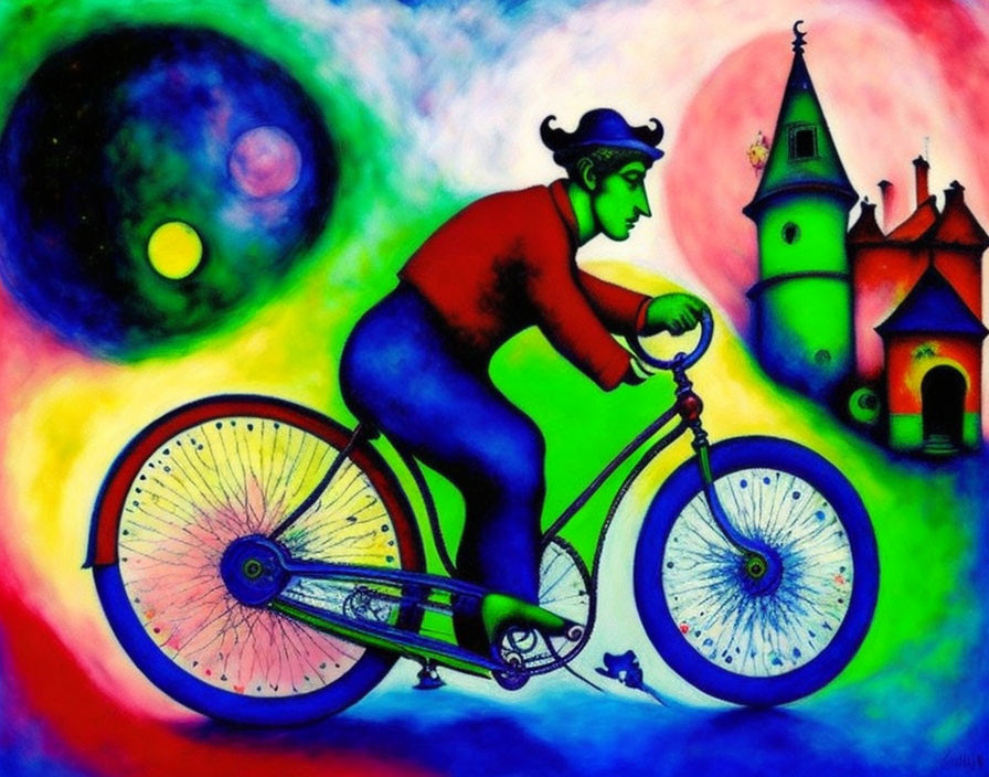 Colorful painting of person cycling with celestial backdrop