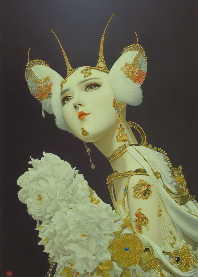 Stylized portrait of a person in white makeup with gold headpiece & floral attire