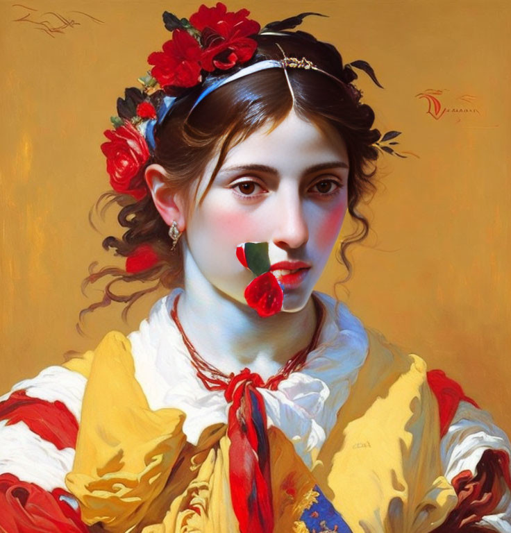 Classic Portrait of Woman in Yellow Blouse with Flower and Red Scarf