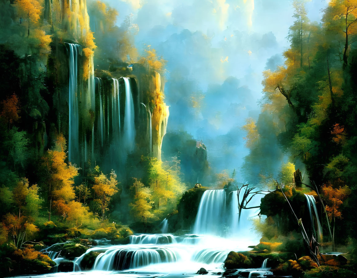 Tranquil forest waterfall with sunlight filtering through trees