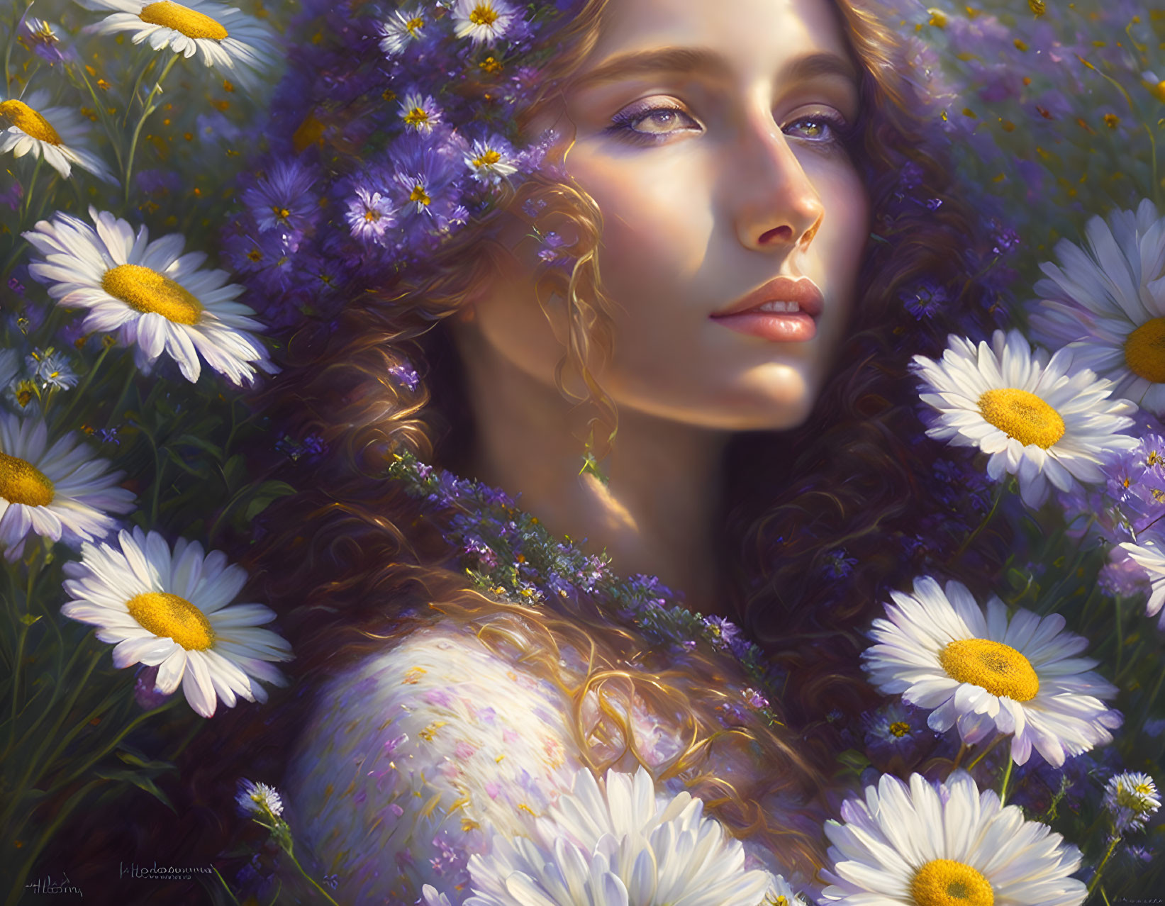 Woman with Wavy Hair Surrounded by Flowers in Soft Sunlight