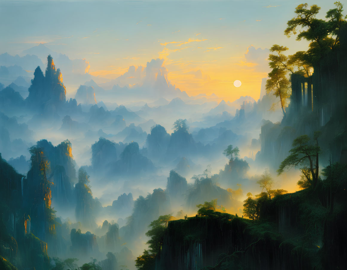 Sunrise over misty mountain landscape with warm sun glow on forested peaks.