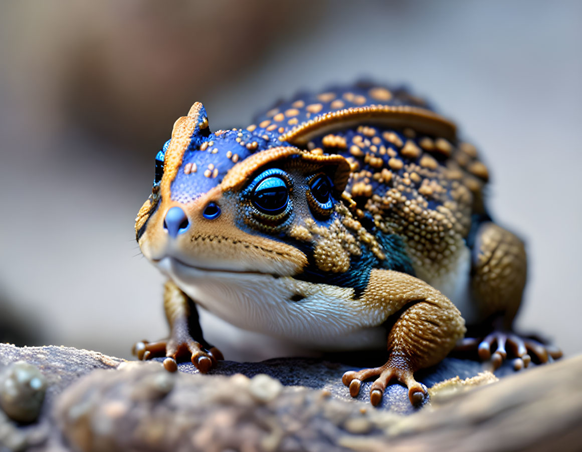 Colorful Frog with Blue Eyes and Textured Skin on Rocky Surface