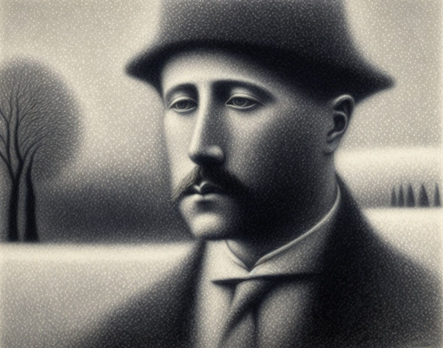 Monochromatic image of a stylized man with mustache and bowler hat in sparse landscape