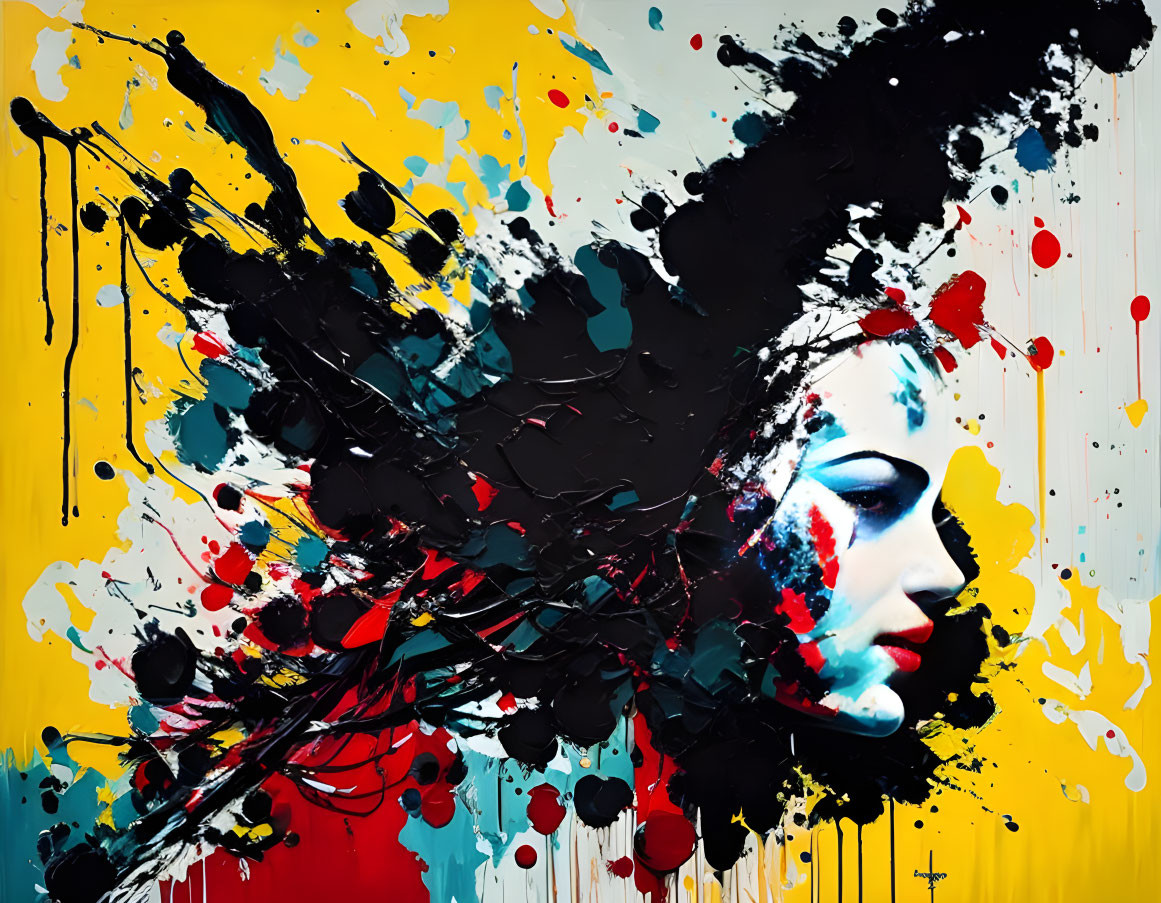 Colorful Woman's Profile Painting with Black, Red, and Blue Ink on Yellow Background