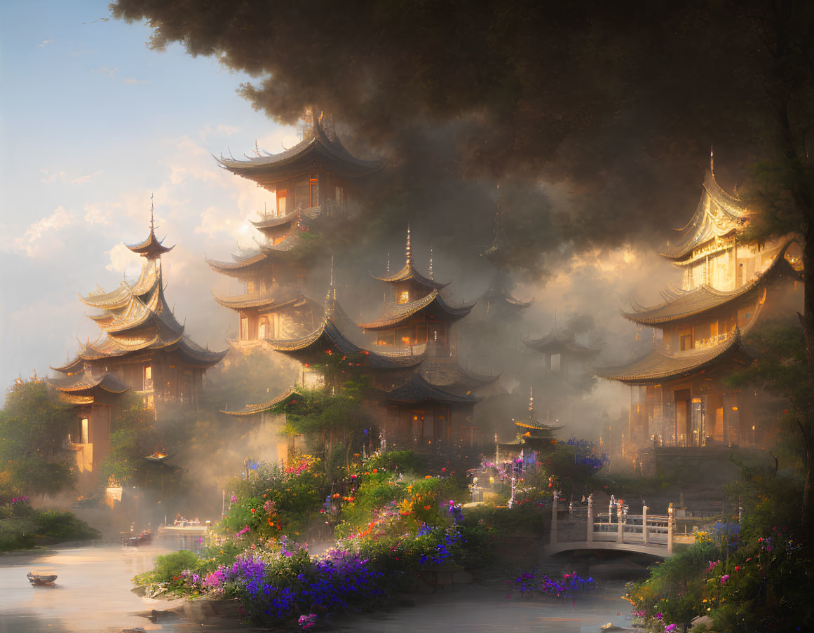 Tranquil river with pagodas, boat, and misty atmosphere