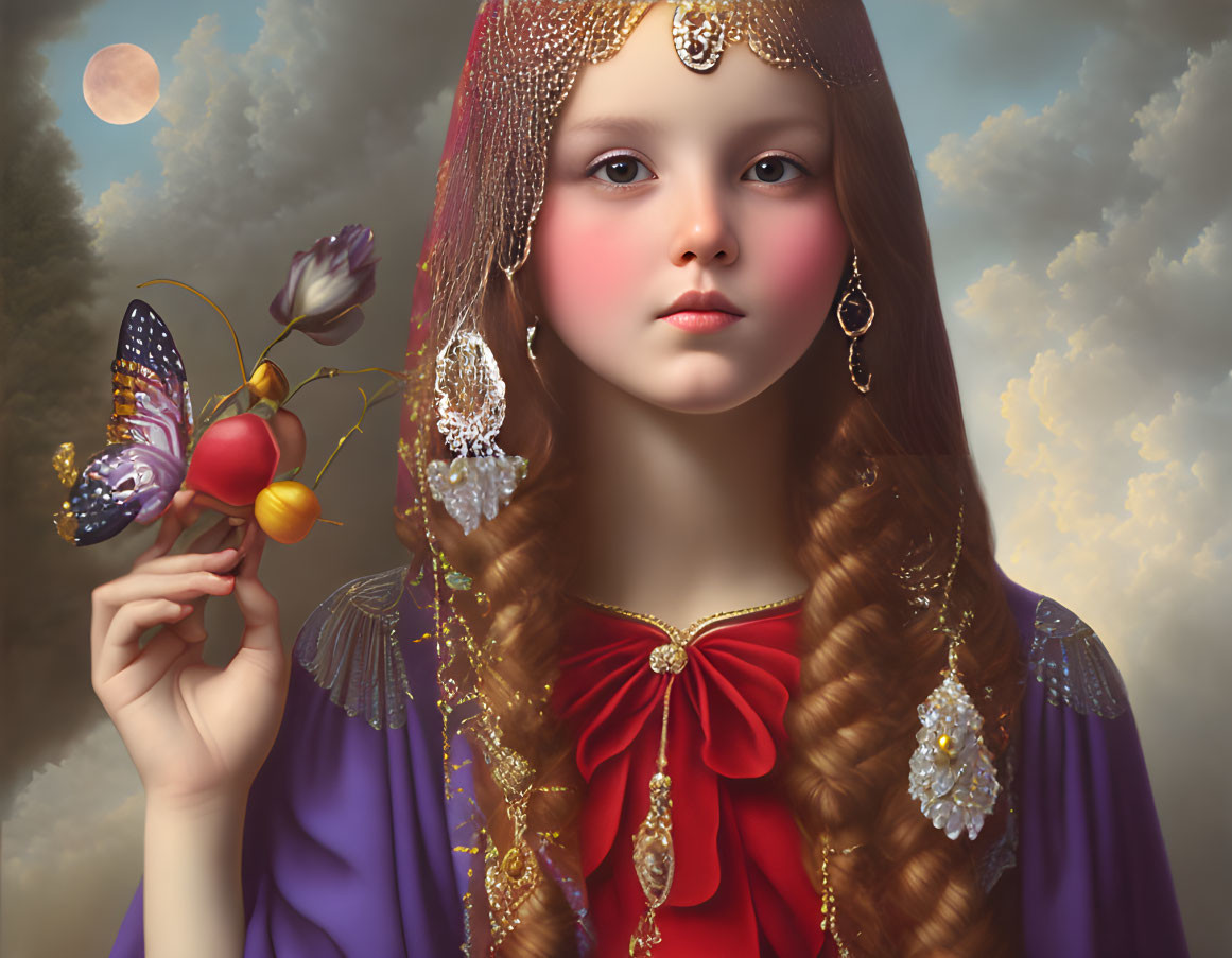 Surreal portrait of girl with rosy cheeks, braided hair, jewelry, purple cloak,