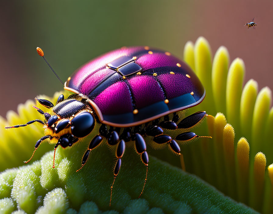 Colorful Purple Beetle on Green Succulent Leaves with Flying Insect