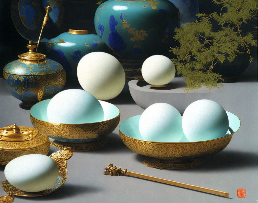 Golden-trimmed bowls and vases with white spheres against lush greenery