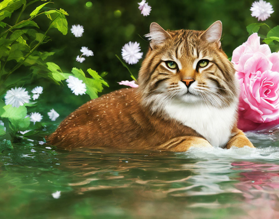 Fluffy cat with green eyes among white flowers and pink rose on green background