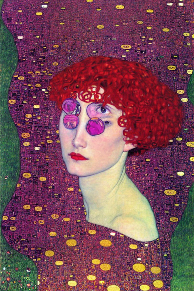 Red-haired woman portrait against purple and gold pointillist background