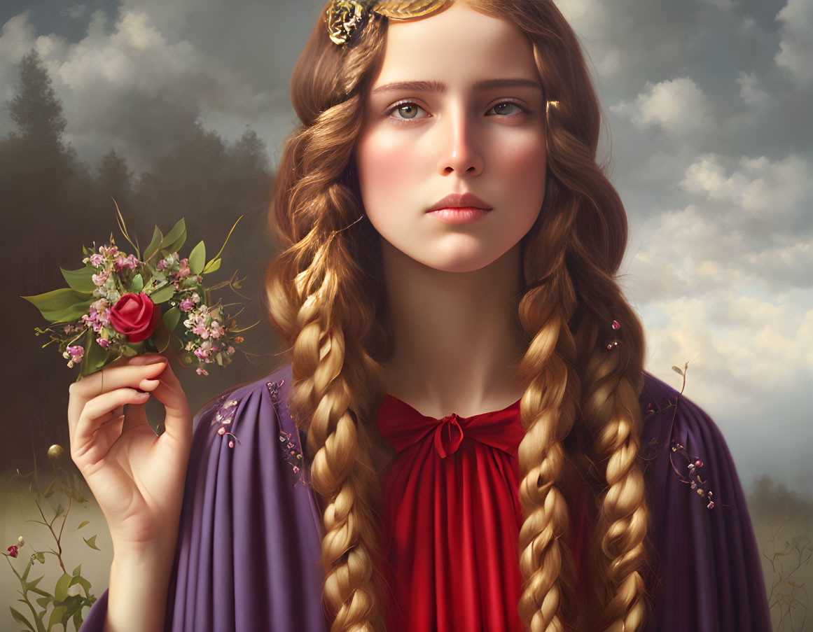 Young woman with braided hair in purple dress holding bouquet against cloudy backdrop