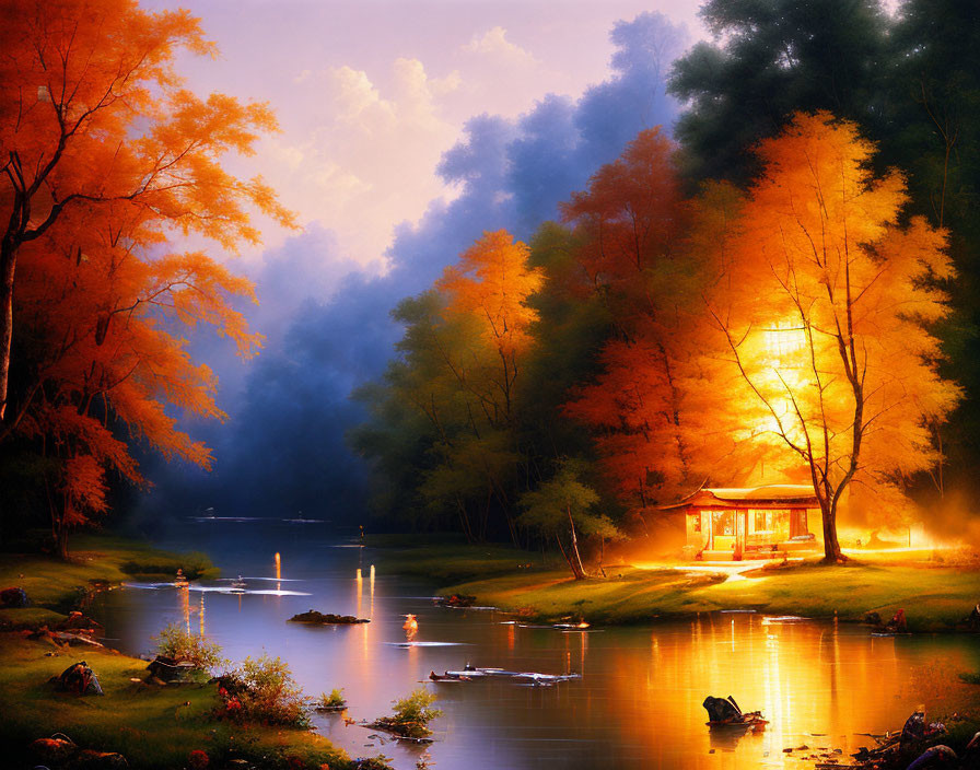 Autumnal cabin by river with warm light and mist at sunset