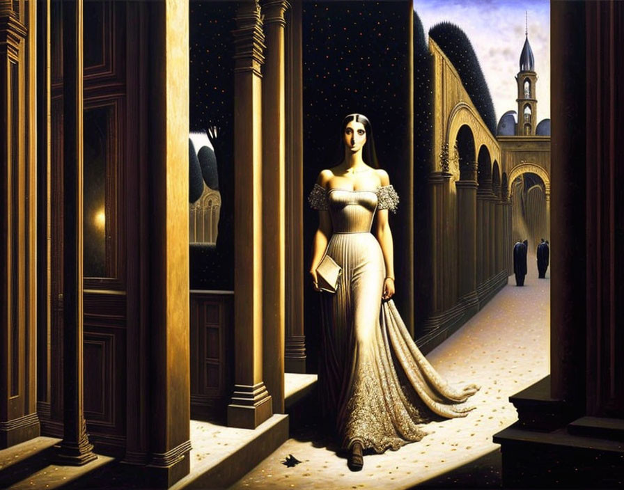 Elegantly dressed woman in golden gown in ornate corridor with columns and starry night scene.