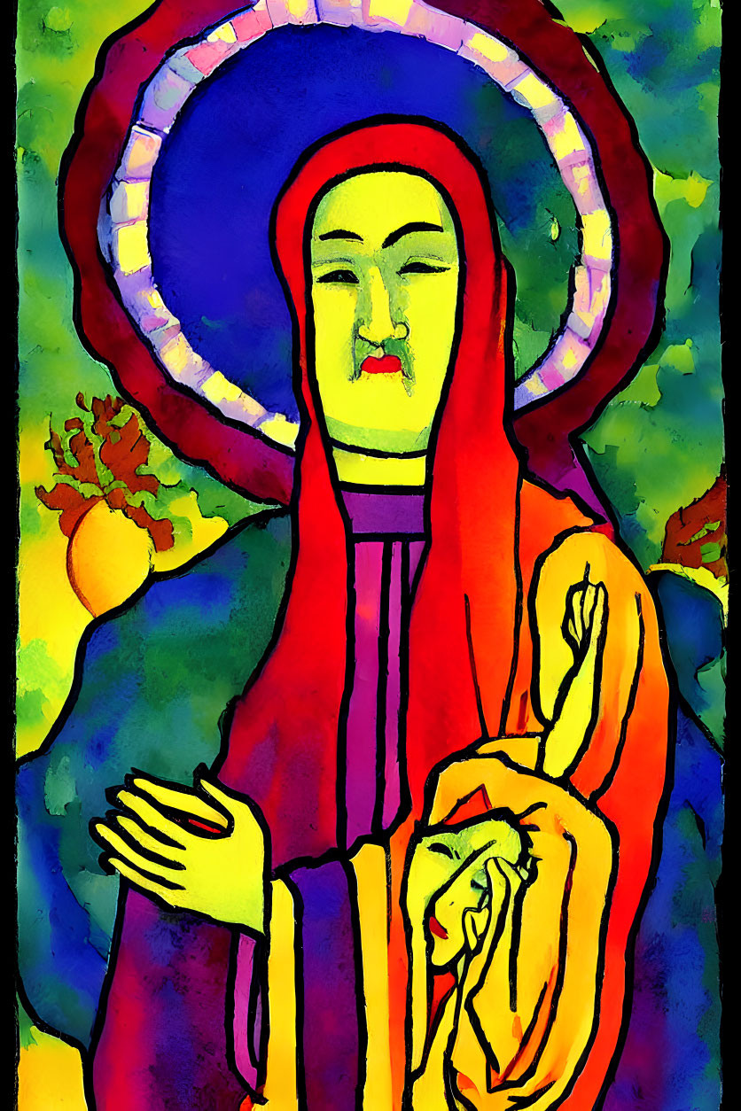 Colorful Stained Glass Style Painting of Figure with Halo Embracing Another Figure