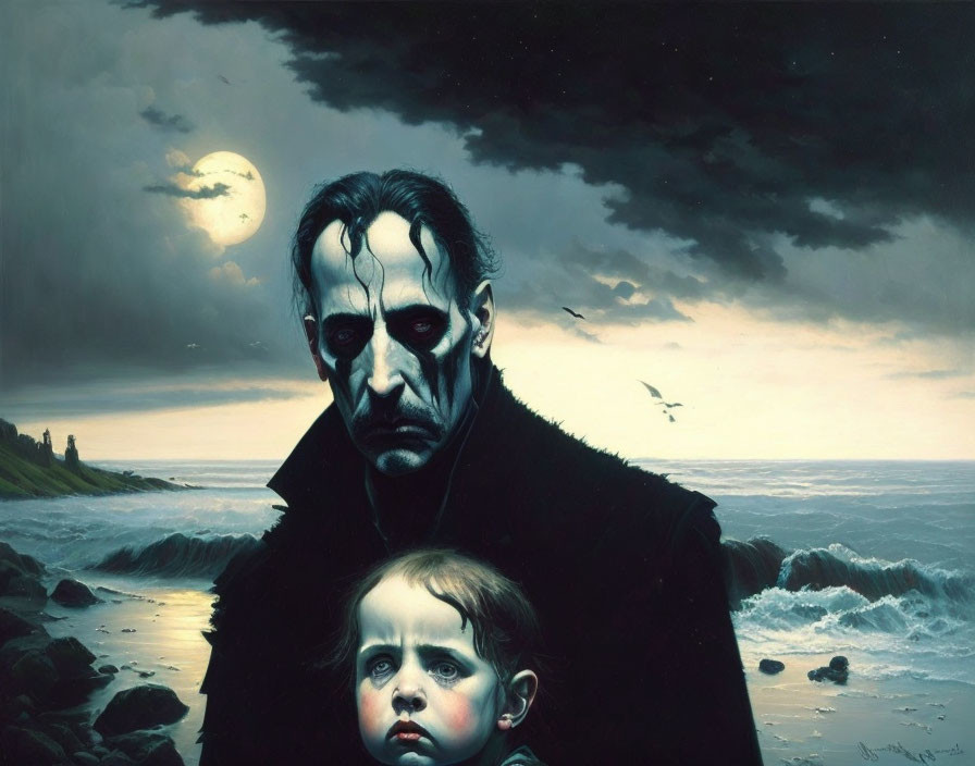 Gothic-style painting of pale man and child in somber mood by moody seascape