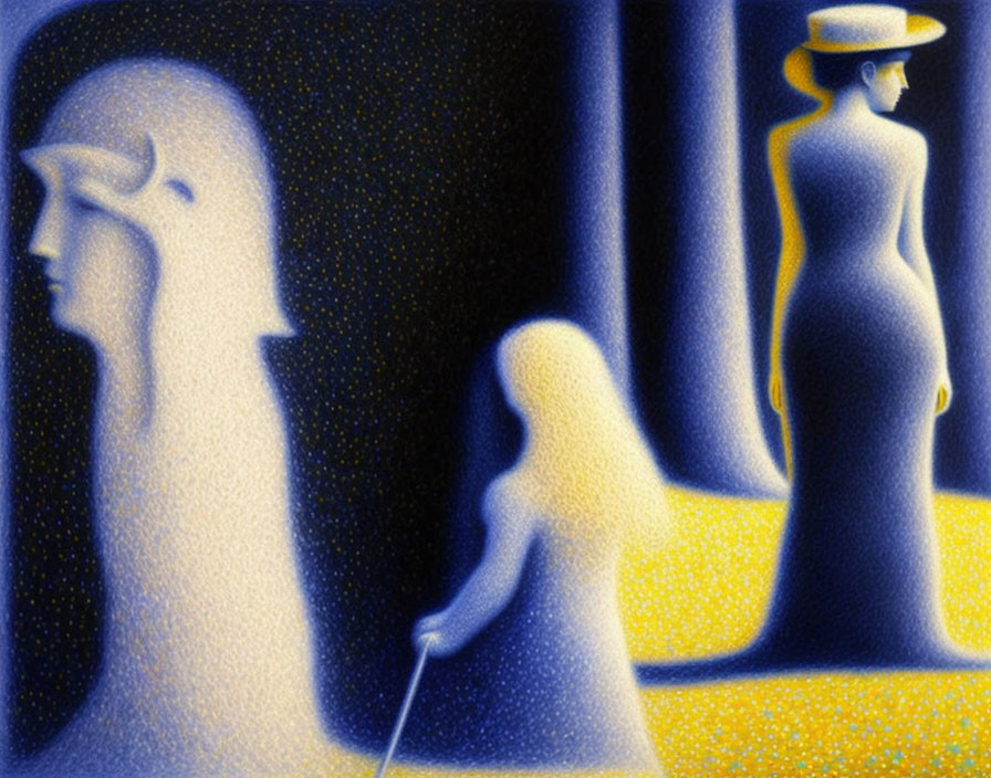 Stylized figures in yellow and blue tones with woman in hat, face profile, and girl with