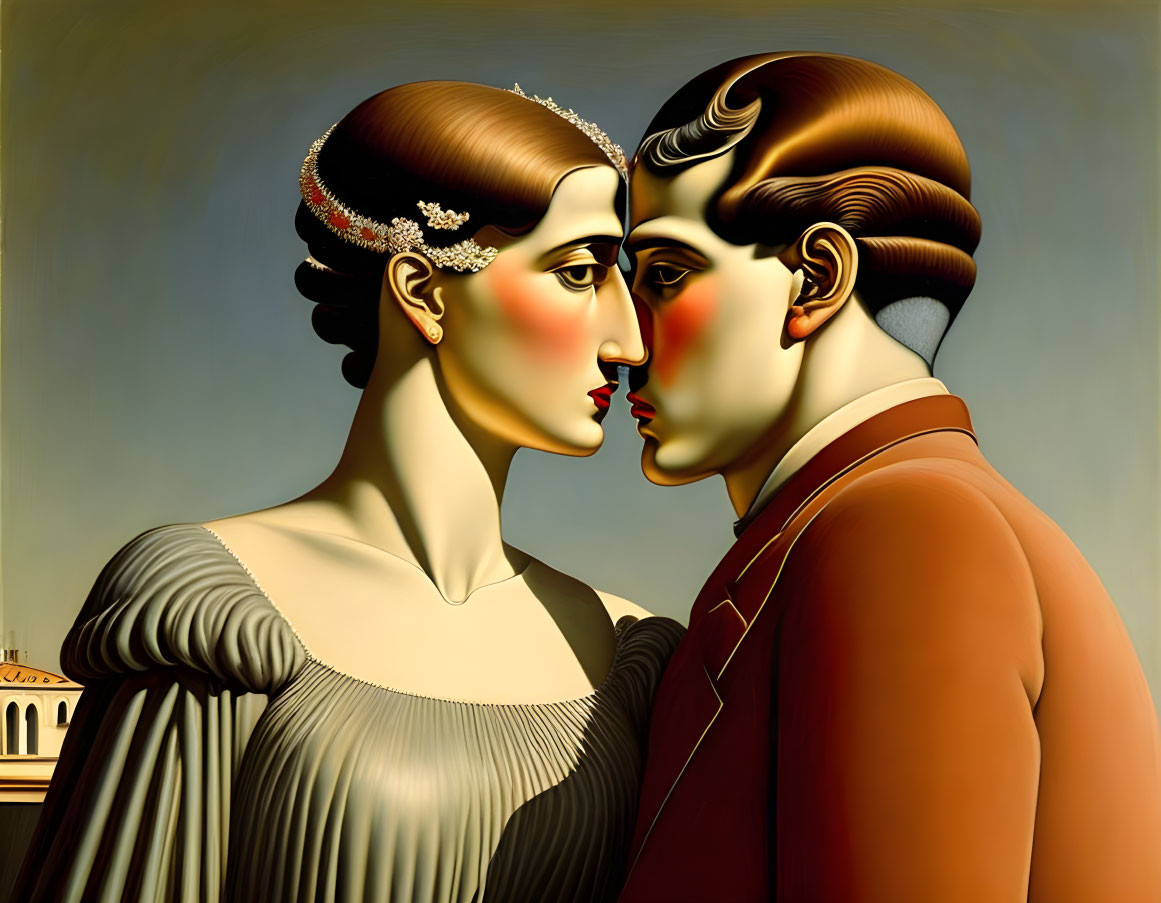 Surreal painting of two elongated figures touching noses