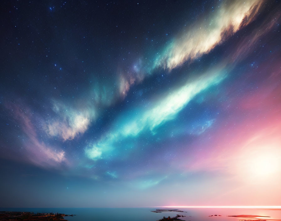 Vibrant aurora borealis lights up coastal night sky