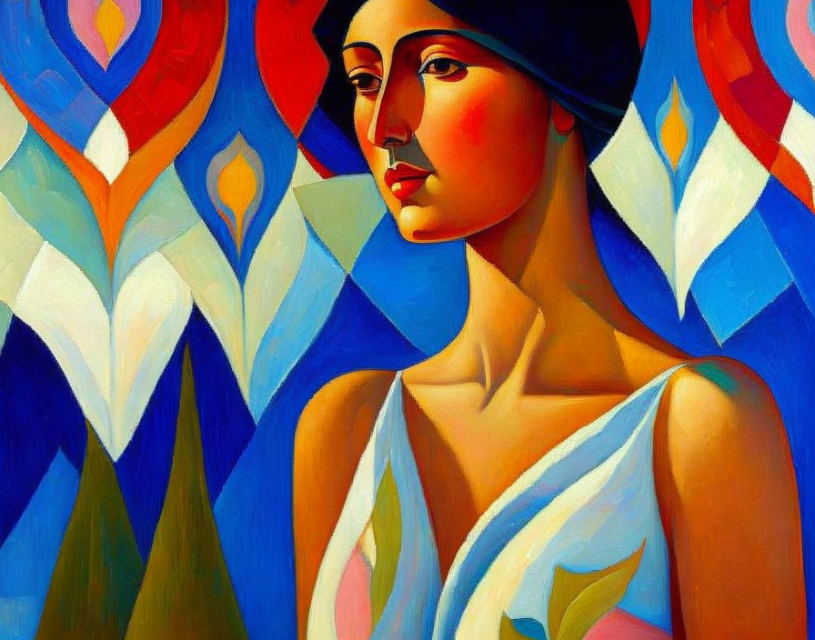 Vibrant cubist-style painting of woman with headscarf & abstract background