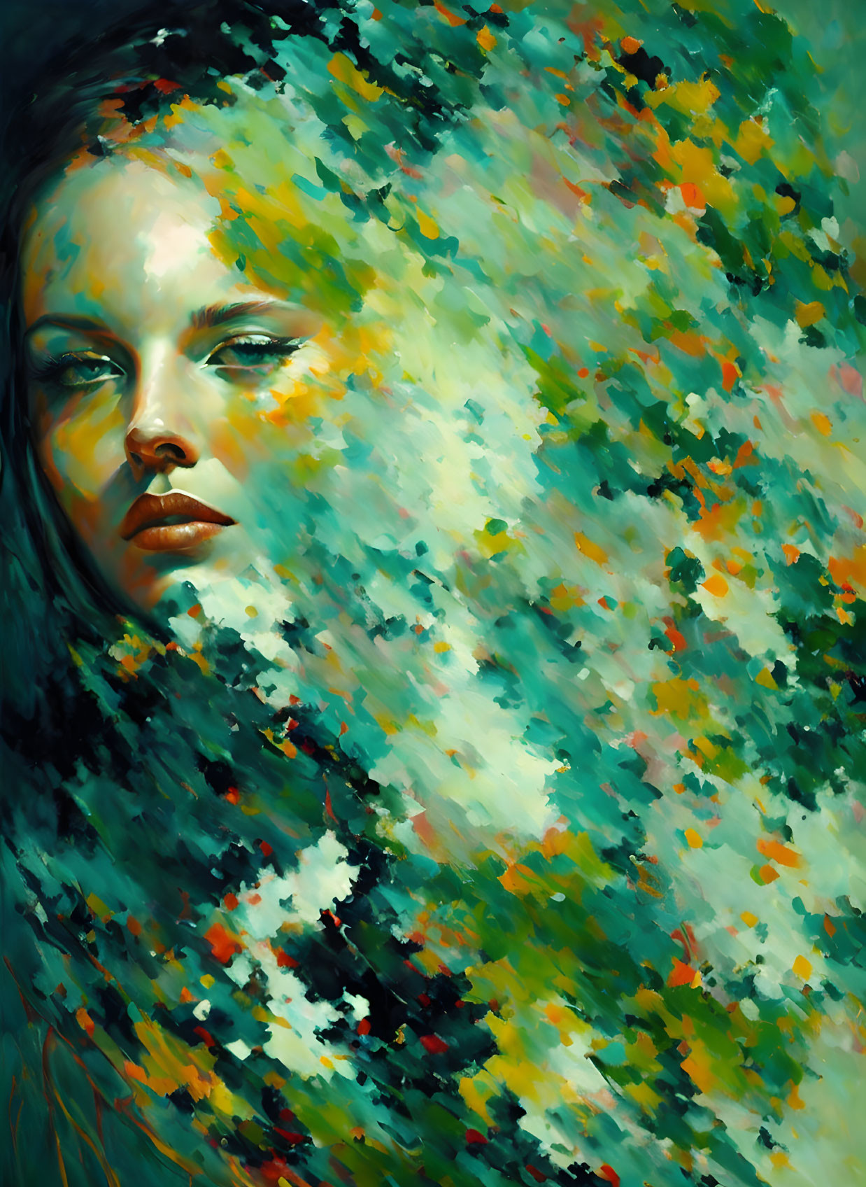 Colorful impressionistic painting of a woman's face in nature blend