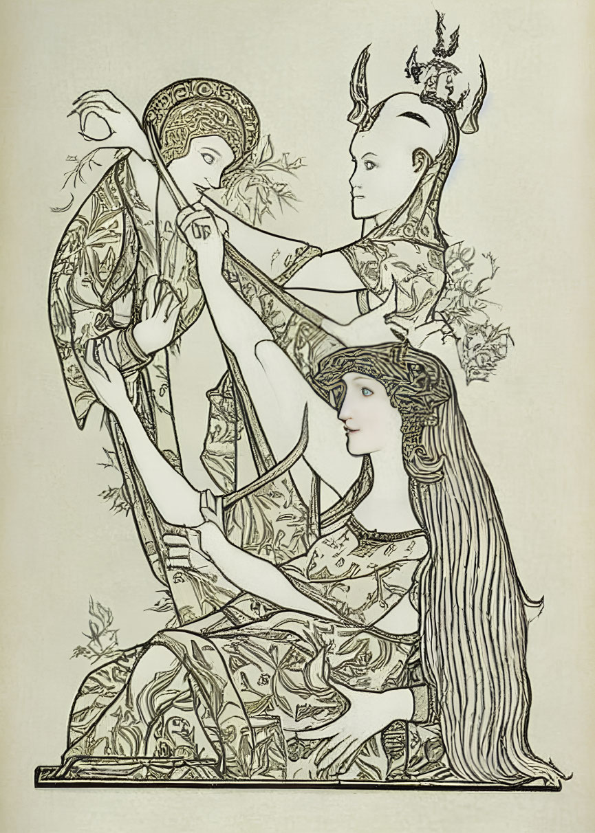 Art Nouveau illustration of three ethereal figures in intricate clothing amid stylized plants