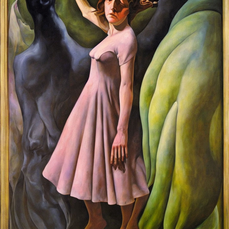 Dramatic painting of a woman in pink dress with dark and bright figures