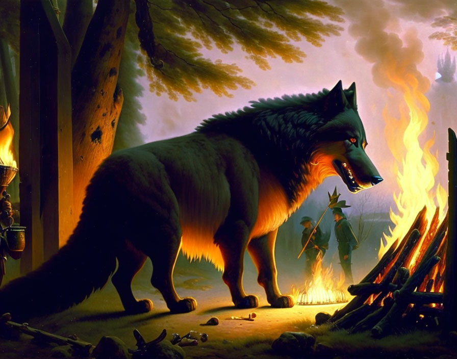 Mystical wolf at forest edge with armored figures and campfire