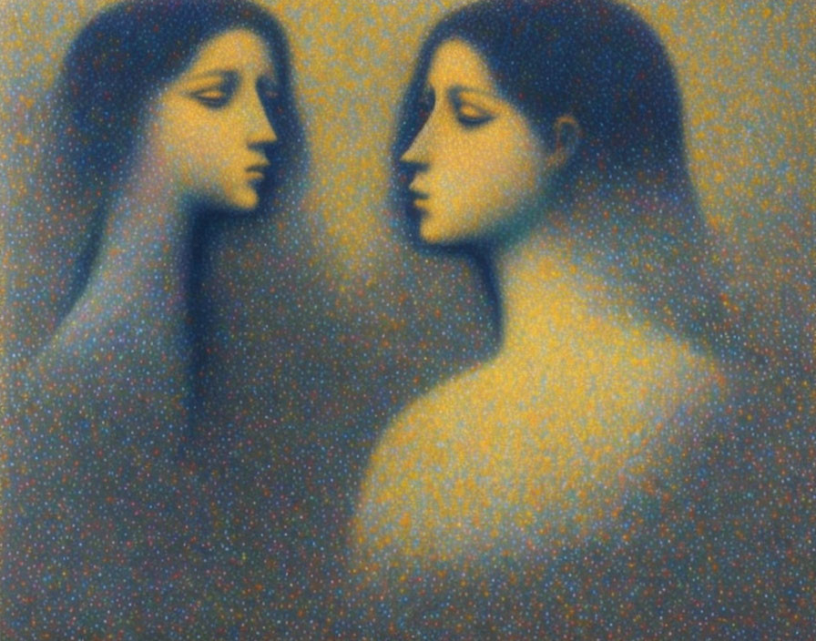 Profile view of two women in pointillist style on blue background