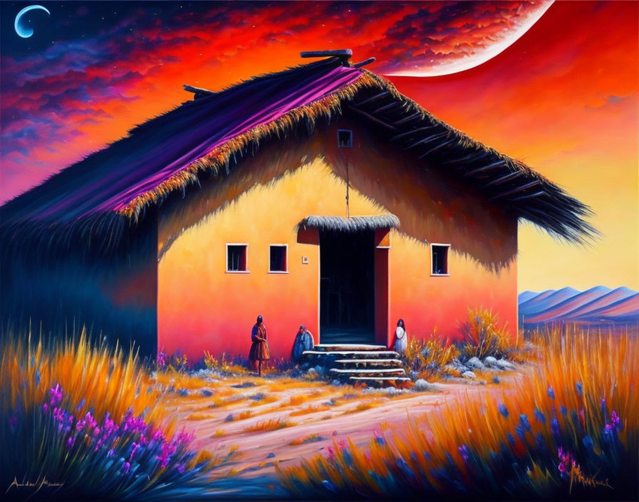 Traditional Thatched House Painting at Twilight with Figures and Wildflowers