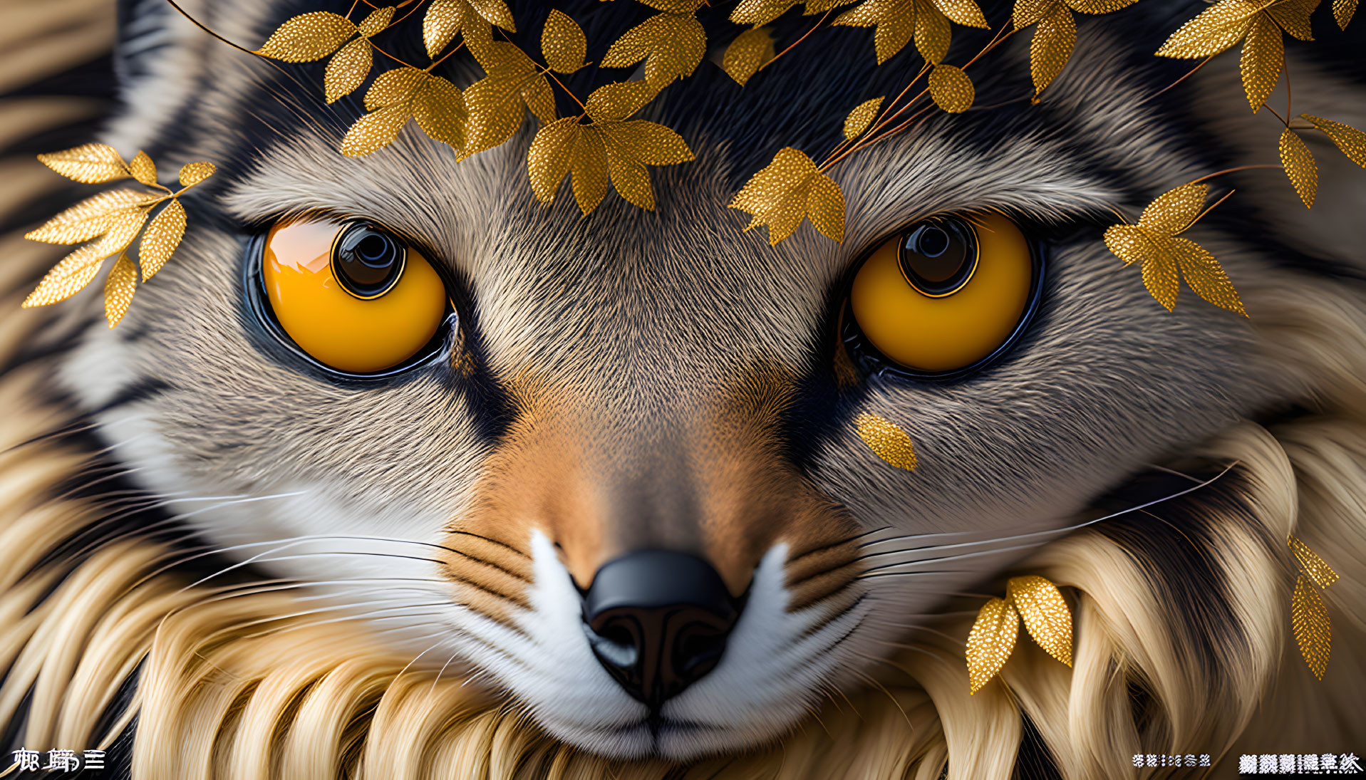 Detailed Digital Art: Fox Face with Yellow Eyes and Golden Leaves