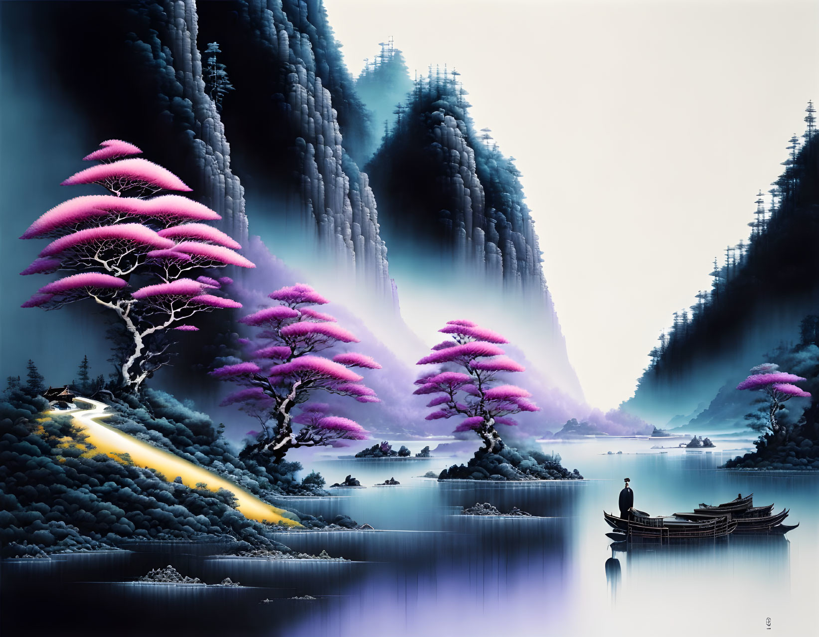 Tranquil landscape with purple trees, river boats, misty mountains, and lone figure