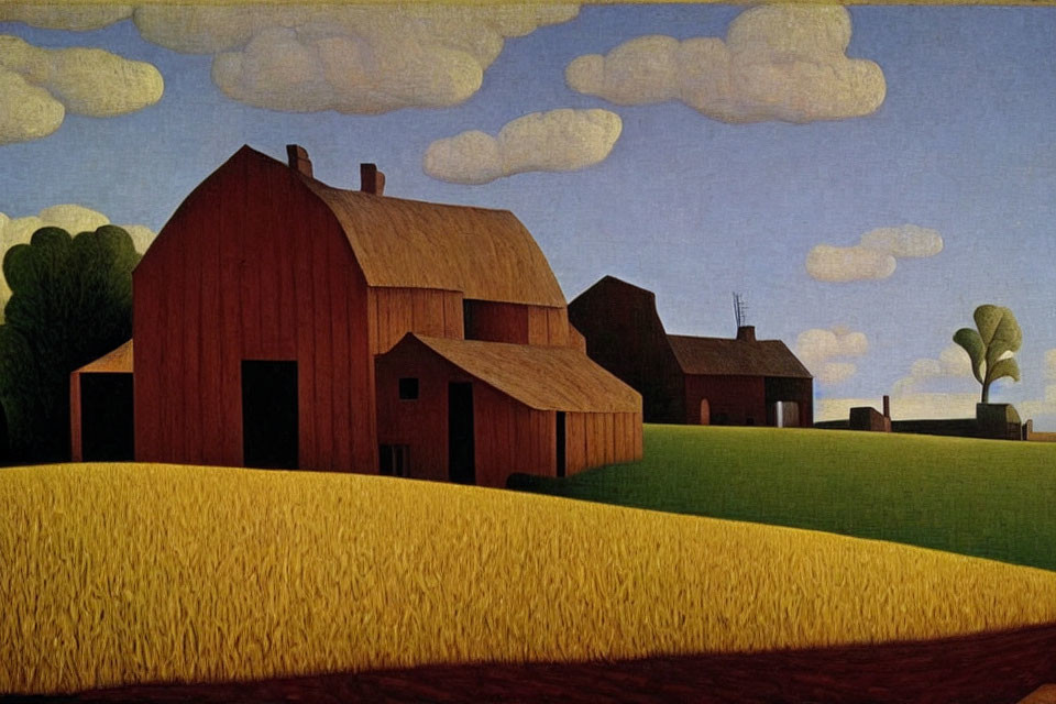 Stylized red barns in golden fields under fluffy cloud sky